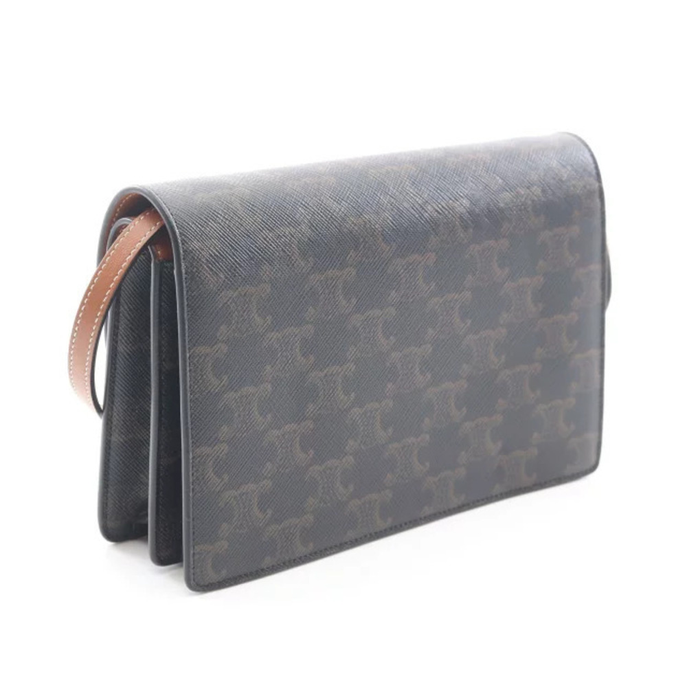 Celine Triomphe Tan Canvas Bag Black Brown Leather Shoulder Black Brown